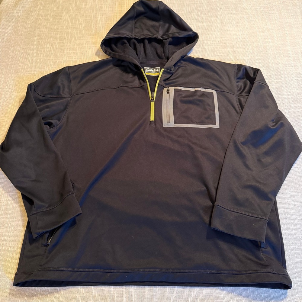 Cabelas Mens 2XL Black Performance Quarter Zip Hoodie Fleece Lined 90-6273